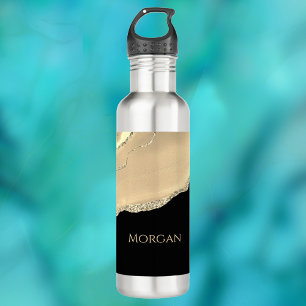 Gold Agate & Glitter, Gold Name on Black 710 Ml Water Bottle