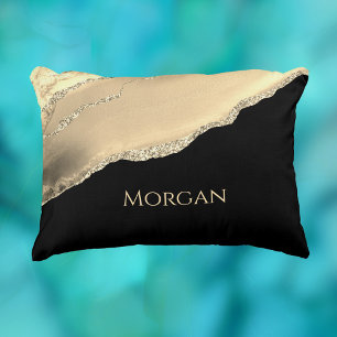 Gold Agate & Glitter, Gold Name on Black Accent Pillow