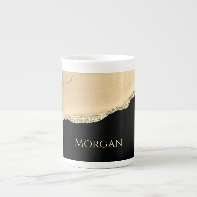 Gold Agate & Glitter, Gold Name on Black Bone China Mug (Front)
