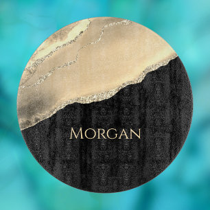 Gold Agate & Glitter, Gold Name on Black Cutting Board