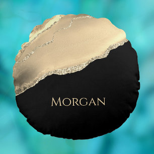 Gold Agate & Glitter, Gold Name on Black Round Pillow