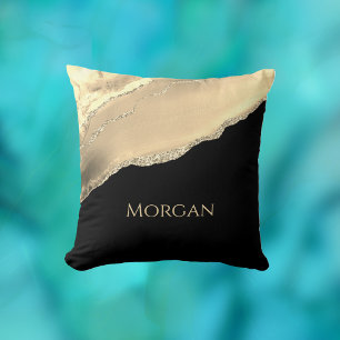 Gold Agate & Glitter, Gold Name on Black Throw Pillow