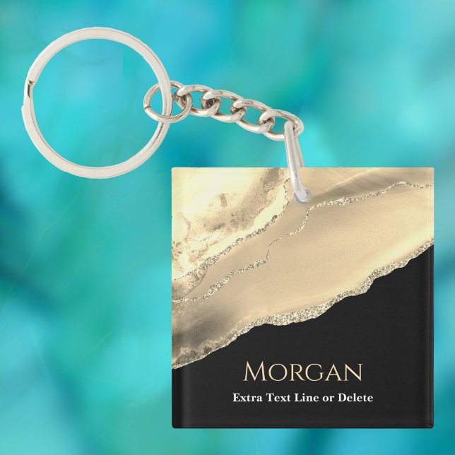 Gold Agate & Glitter, Name & Text Line, Black Keychain (Creator Uploaded)
