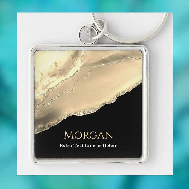 Gold Agate & Glitter, Name & Text Line, Black Keychain (Creator Uploaded)