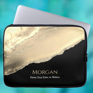 Gold Agate & Glitter, Name & Text Line, Black Laptop Sleeve