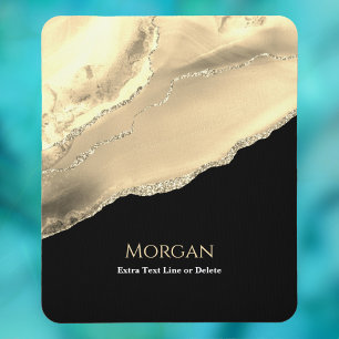 Gold Agate & Glitter, Name & Text Line, Black Mouse Pad