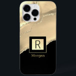 Gold Agate, Name & Monogram, Black & Gold Box Case-Mate iPhone 14 Pro Max Case<br><div class="desc">Personalize your name in gold and monogram in black on trendy black and gold box with gold agate.</div>
