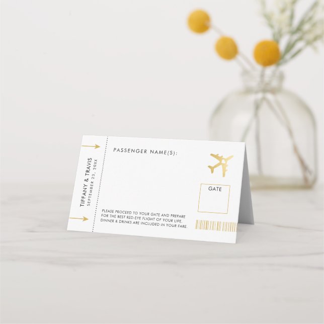 Gold Airplane Boarding Pass Ticket Folded Escort Place Card (Front)