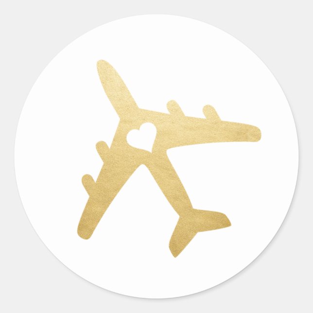 Gold Airplane Heart Travel Destination Wedding Classic Round Sticker (Front)