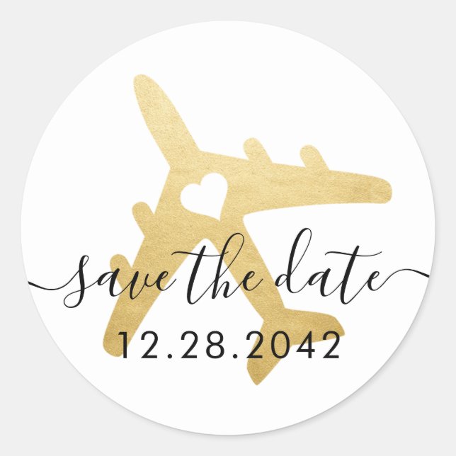Gold Airplane Heart Travel Theme Save the Date Classic Round Sticker (Front)