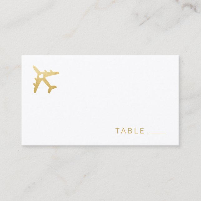 Gold Airplane Travel Theme Wedding BLACK PAPER Place Card (Front)
