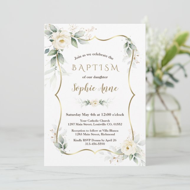 Gold Airy Greenery White Ivory Floral Baptism Invitation (Standing Front)