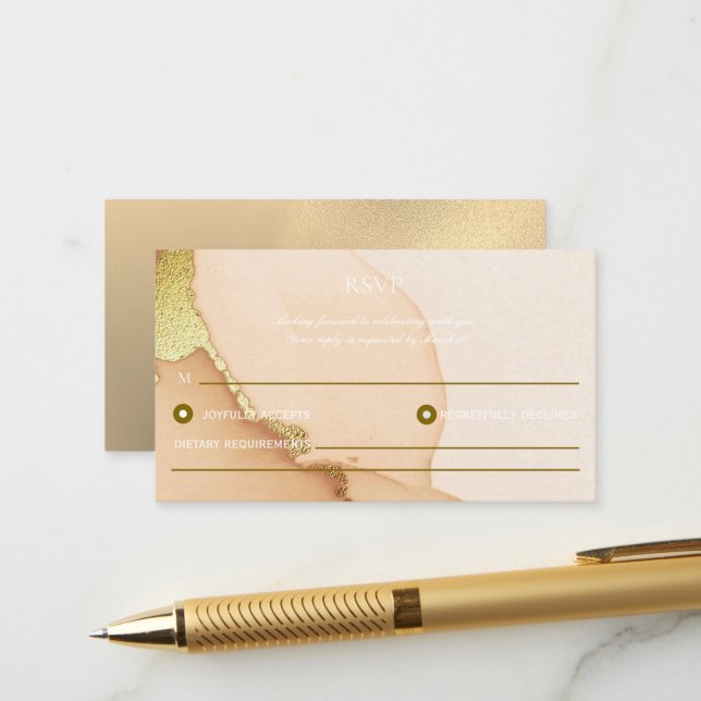 Gold Alcohol Ink Chic Wedding RSVP Card (Front/Back In Situ)