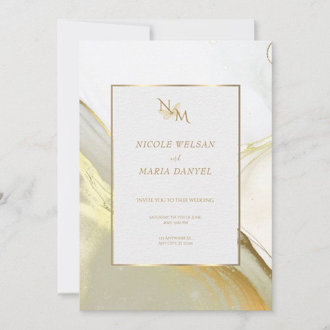 Gold Alcohol Ink White Elegant Wedding Invitation (Front)