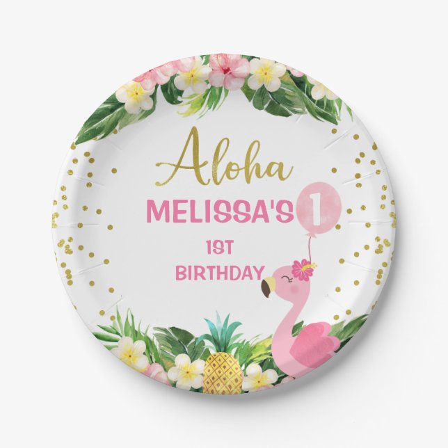 Gold Aloha Floral Foliage Flamingo 1st Birthday  Paper Plate (Front)