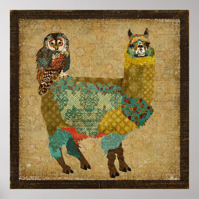 Gold Alpaca & Teal Owl Art Poster (Front)