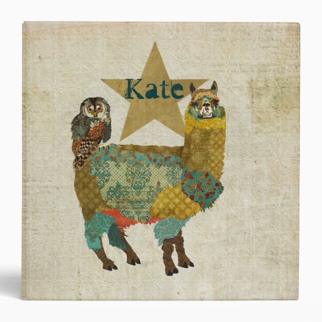 Gold Alpaca & Teal Owl Personalized Notebook Binder (Front)