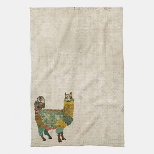 Gold Alpaca & Teal Owl Towel (Vertical)