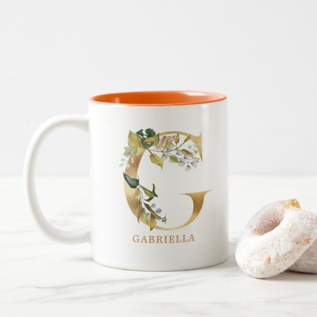 Gold Alphabet G Monogram | Leaf Foliage Two-Tone Coffee Mug (With Donut)