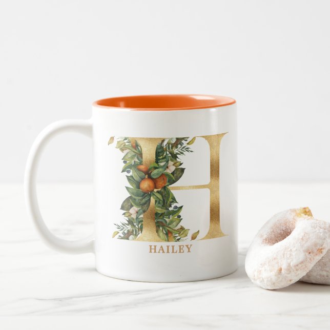 Gold Alphabet H Monogram | Leaf Foliage Two-Tone Coffee Mug (With Donut)