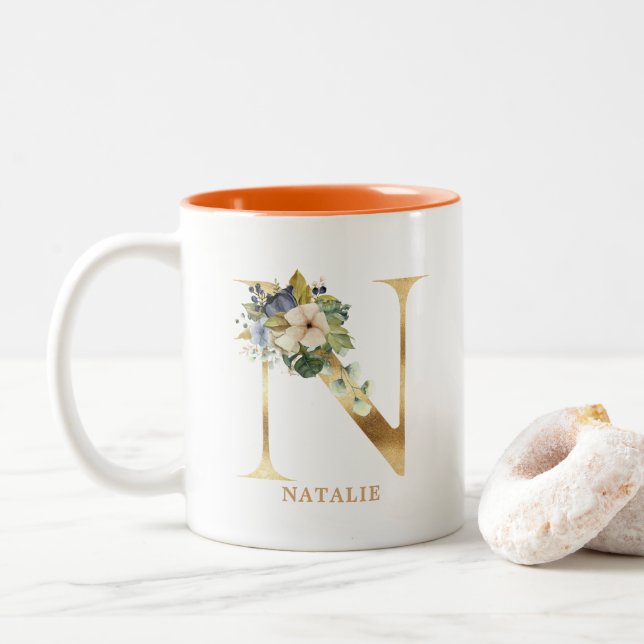 Gold Alphabet N Monogram | Leaf Foliage Two-Tone Coffee Mug (With Donut)