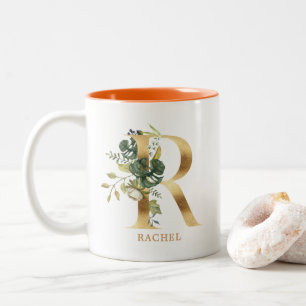 Gold Alphabet R Monogram Leaf Foliage Two-Tone Coffee Mug