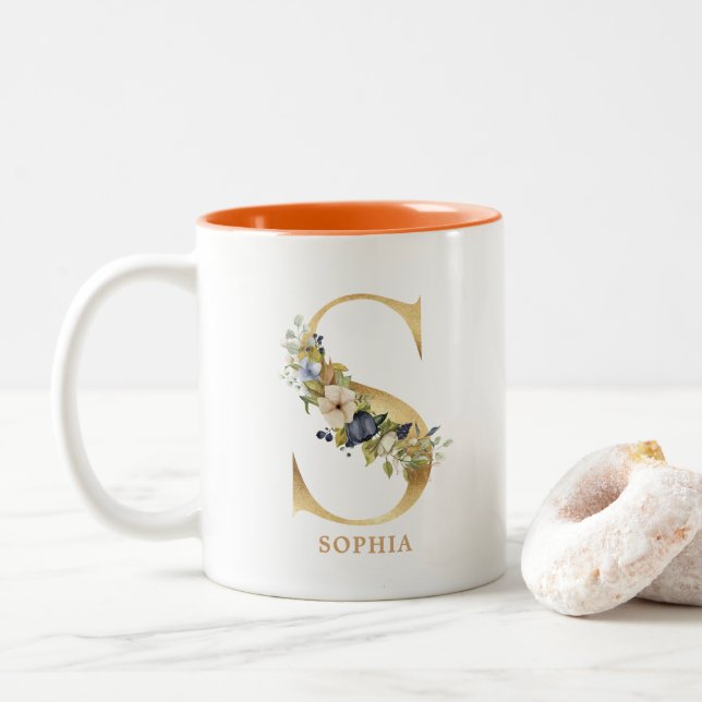 Gold Alphabet S Monogram | Leaf Foliage Two-Tone Coffee Mug (With Donut)