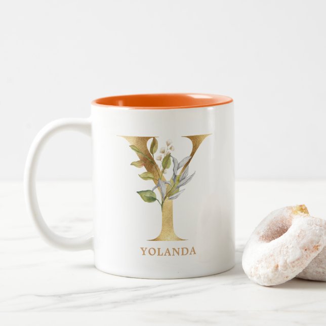 Gold Alphabet Y Monogram | Leaf Foliage Two-Tone Coffee Mug (With Donut)