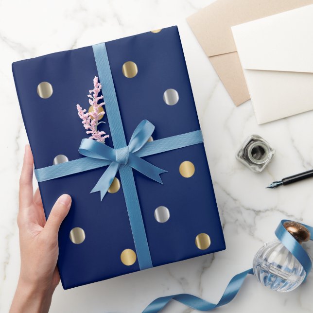 Gold amd Silver Polka Dots and Navy Blue Satin Wrapping Paper (Gifting)