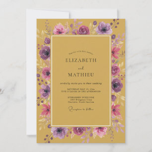 Gold Amethyst Ranunculus Eucalyptus Wedding Invitation