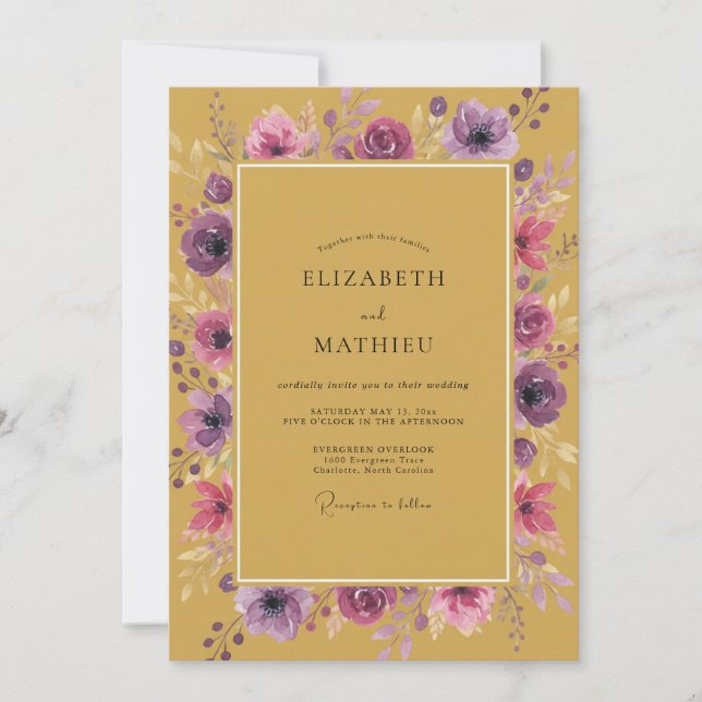 Gold Amethyst Ranunculus Eucalyptus Wedding Invitation (Front)