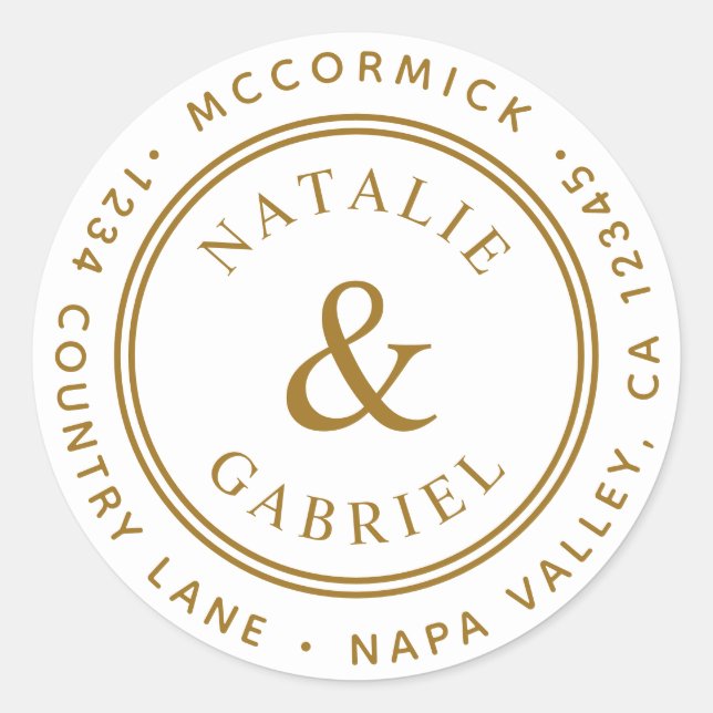 Gold Ampersand Wedding Return Address Classic Round Sticker (Front)