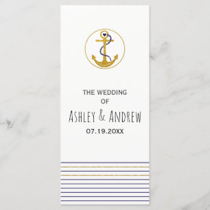 Gold anchor and stripes nautical wedding program