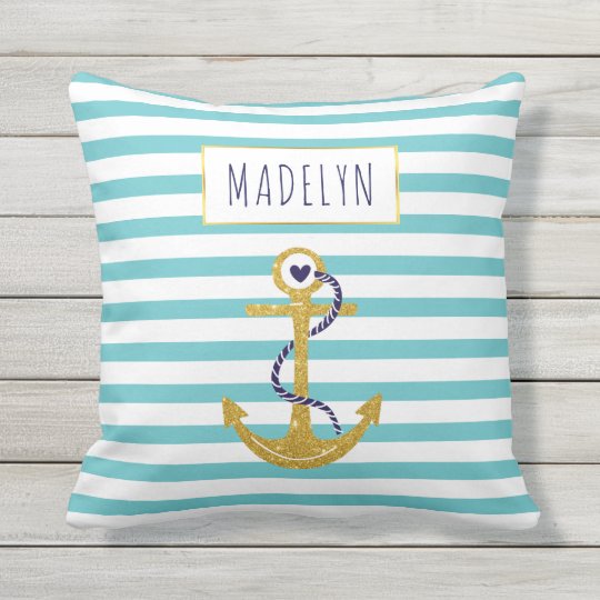 Gold anchor aqua striped pattern summer nautical throw pillow