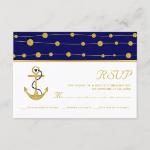 Gold anchor & beads navy blue nautical wedding RSVP card