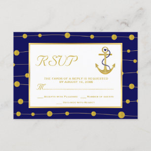 Gold anchor & beads navy blue nautical wedding RSVP card