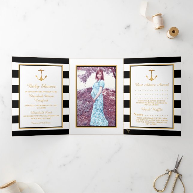 Gold Anchor Black &White Stripe Baby Shower Suite Tri-Fold Invitation (Inside)