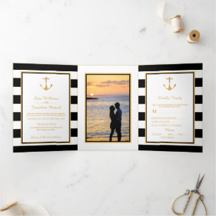 Gold Anchor Black & White Stripe Wedding Suite Tri-Fold Invitation