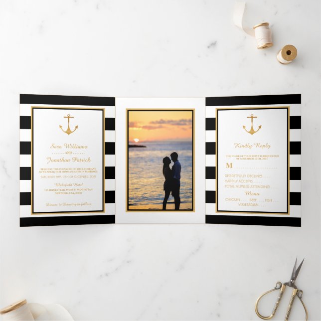 Gold Anchor Black & White Stripe Wedding Suite Tri-Fold Invitation (Inside)