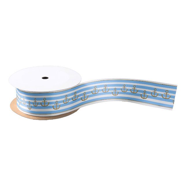 gold anchor blue white background satin ribbon (Spool)