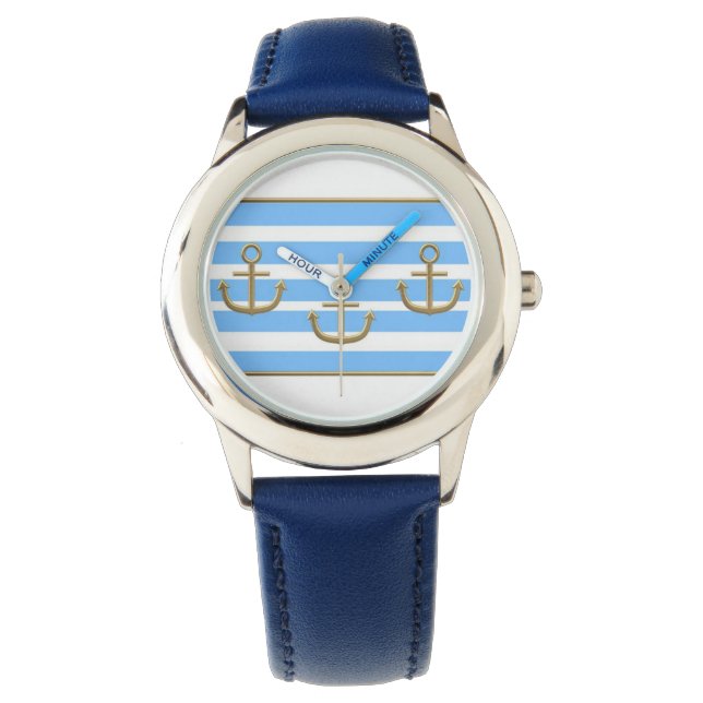 gold anchor blue white background watch (Front)
