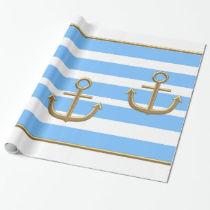 gold anchor blue white background wrapping paper