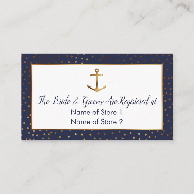 Gold Anchor Confetti, Navy Wedding Registry Cards (Front)