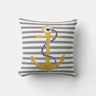 Gold anchor grey, white stripes nautical outdoor pillow