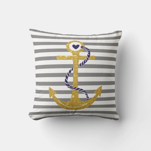 Gold anchor grey, white stripes nautical outdoor pillow (Front)