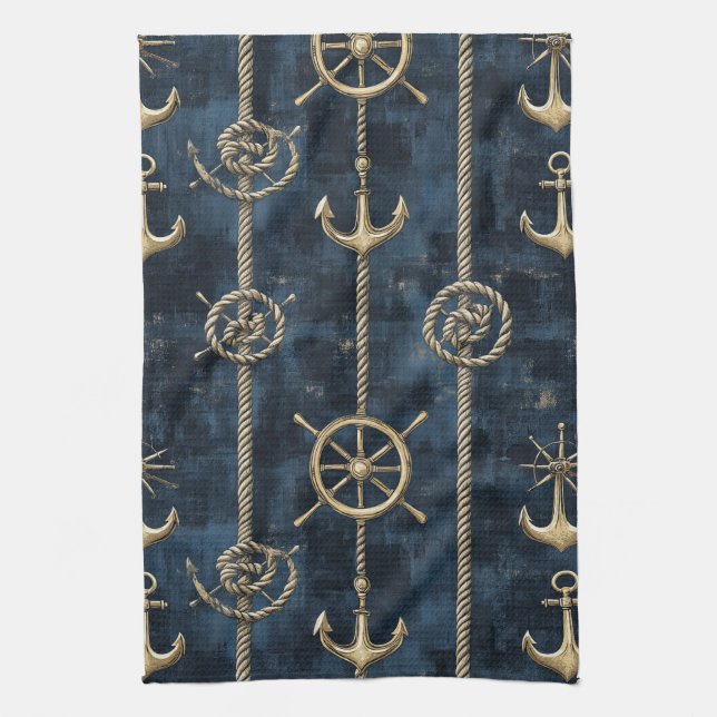 Gold Anchor & Helm Nautical Pattern Kitchen Towel (Vertical)