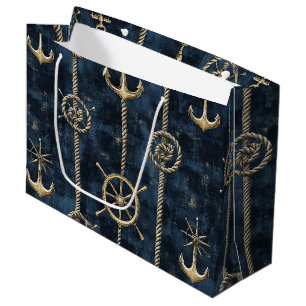 Gold Anchor & Helm Nautical Pattern Large Gift Bag