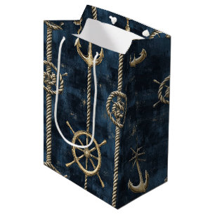 Gold Anchor & Helm Nautical Pattern Medium Gift Bag