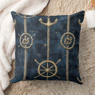 Gold Anchor & Helm Nautical Pattern Throw Pillow