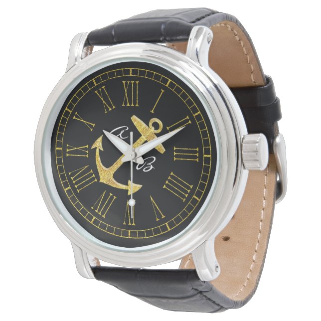 Gold Anchor Initials Personalize Watch (Angled)